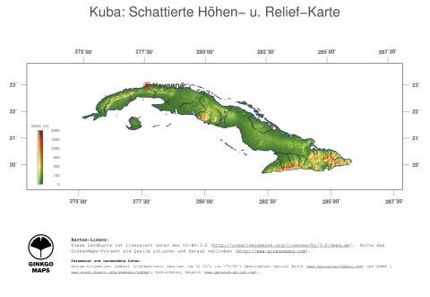 Karte: Landkarte Kuba (Staatsgrenzen und Hauptstadt): farbkodierte Topographie, schattiertes Relief