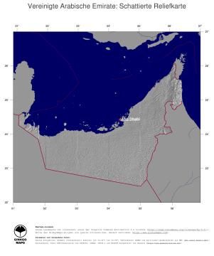 Karte: Landkarte Vereinigte Arabische Emirate (Staatsgrenzen und Hauptstadt): schattiertes Relief