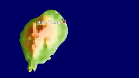 Karte: Landkarte Sao Tome und Principe (Staatsgrenzen und Hauptstadt): farbkodierte Topographie, schattiertes Relief