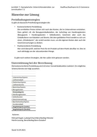 Unterrichtsplanung: LS 7.2 Die Schülerinnen und Schüler kalkulieren ein Marketingbudget | Hinweise zur Lösung