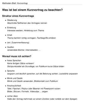 Unterrichtsbaustein: Methoden-Blatt: Kurzvortrag