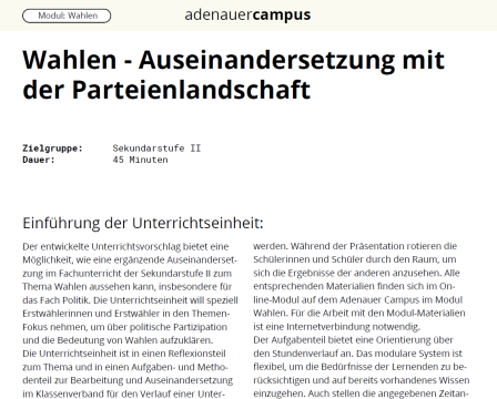 Unterrichtsbaustein: Unterrichtseinheit "Wahlen - Auseinandersetzung mit der Parteienlandschaft"