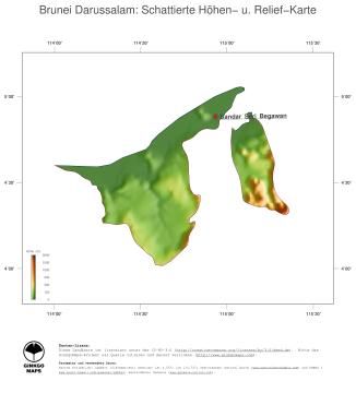 Karte: Landkarte Brunei Darussalam (Staatsgrenzen und Hauptstadt): farbkodierte Topographie, schattiertes Relief