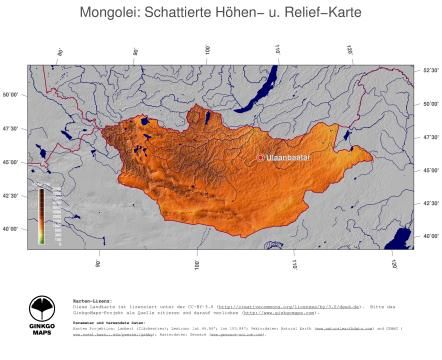 Karte: Landkarte Mongolei (Staatsgrenzen und Hauptstadt): farbkodierte Topographie, schattiertes Relief