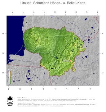 Karte: Landkarte Litauen (Staatsgrenzen und Hauptstadt): farbkodierte Topographie, schattiertes Relief
