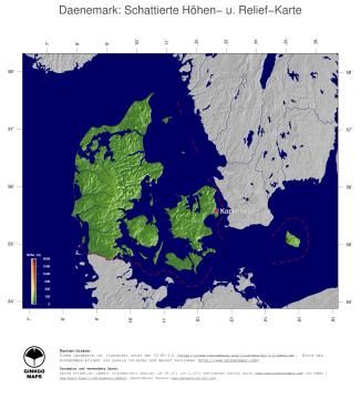 Karte: Landkarte Dänemark (Staatsgrenzen und Hauptstadt): farbkodierte Topographie, schattiertes Relief