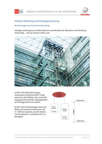 Arbeitsblatt: Einfache Gleichung und Umfangsberechnung | Berechnungen an einem Personenaufzug (PDF)
