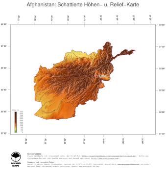 Karte: Landkarte Afghanistan (Staatsgrenzen und Hauptstadt): farbkodierte Topographie, schattiertes Relief