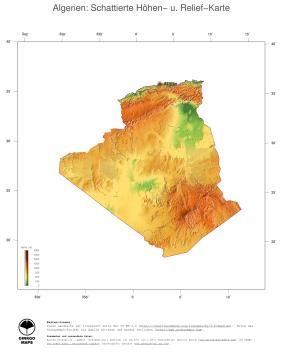 Karte: Landkarte Algerien (Staatsgrenzen und Hauptstadt): farbkodierte Topographie, schattiertes Relief