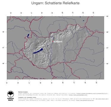 Karte: Landkarte Ungarn (Staatsgrenzen und Hauptstadt): schattiertes Relief