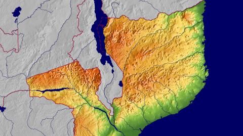 Karte: Landkarte Mosambik (Staatsgrenzen und Hauptstadt): farbkodierte Topographie, schattiertes Relief