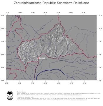 Karte: Landkarte Zentralafrikanische Republik (Staatsgrenzen und Hauptstadt): schattiertes Relief