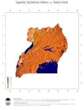 Karte: Landkarte Uganda (Staatsgrenzen und Hauptstadt): farbkodierte Topographie, schattiertes Relief