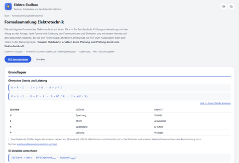 Webseite: Elektro-Toolbox: Formelsammlung
