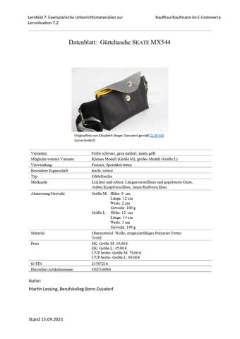 Unterrichtsbaustein: LS 7.2 Die Schülerinnen und Schüler kalkulieren ein Marketingbudget | Exemplarisches Unterrichtsmaterial Nr. 1: Datenblatt Gürteltasche