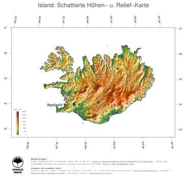 Karte: Landkarte Island (Staatsgrenzen und Hauptstadt): farbkodierte Topographie, schattiertes Relief