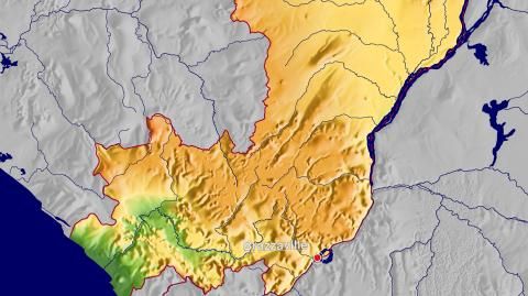 Karte: Landkarte Republik Kongo (Staatsgrenzen und Hauptstadt): farbkodierte Topographie, schattiertes Relief