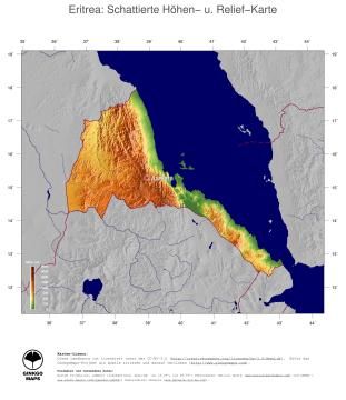 Karte: Landkarte Eritrea (Staatsgrenzen und Hauptstadt): farbkodierte Topographie, schattiertes Relief