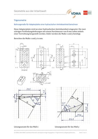 Arbeitsblatt: Trigonometrie | Bohrungsmaße für Adapterplatte einer hydraulischen Antriebseinheit berechnen (PDF)