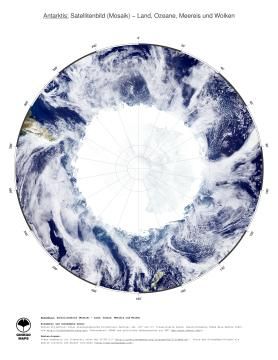 Karte: Landkarte Antarktis (Land, Ozeane, Meereis und Wolken)