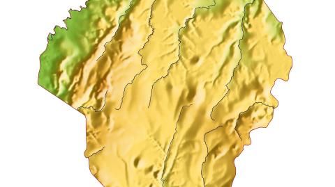 Karte: Landkarte Benin (Staatsgrenzen und Hauptstadt): farbkodierte Topographie, schattiertes Relief