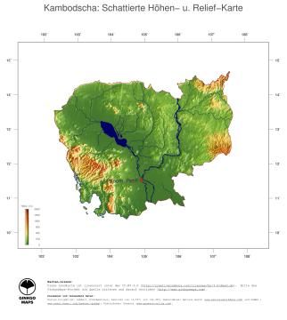 Karte: Landkarte Kambodscha (Staatsgrenzen und Hauptstadt): farbkodierte Topographie, schattiertes Relief