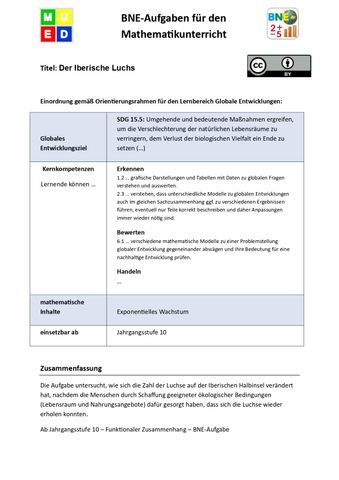Unterrichtsbaustein: BNE-Aufgaben Mathematik: Der iberische Luchs (Klasse 10)