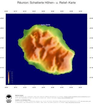 Karte: Landkarte Réunion (Staatsgrenzen und Hauptstadt / schattiertes Relief, farbkodierte Topographie)