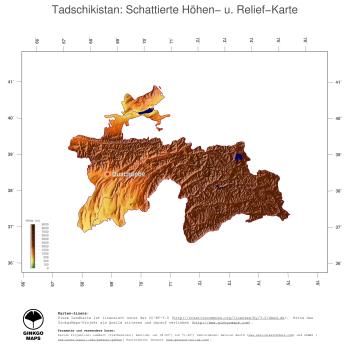Karte: Landkarte Tadschikistan (Staatsgrenzen und Hauptstadt): farbkodierte Topographie, schattiertes Relief