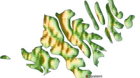 Karte: Landkarte Färöer (Staatsgrenzen und Hauptstadt): farbkodierte Topographie, schattiertes Relief