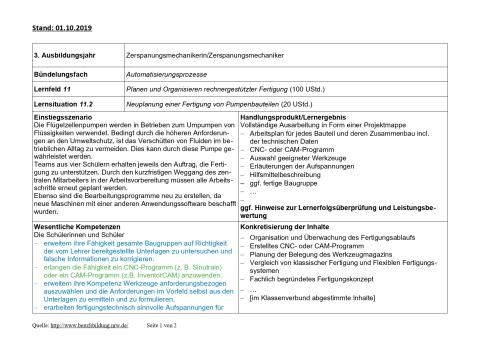 Unterrichtsplanung: Neuplanung einer Fertigung von Pumpenbauteilen