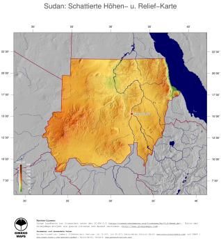 Karte: Landkarte Sudan (Staatsgrenzen und Hauptstadt): farbkodierte Topographie, schattiertes Relief