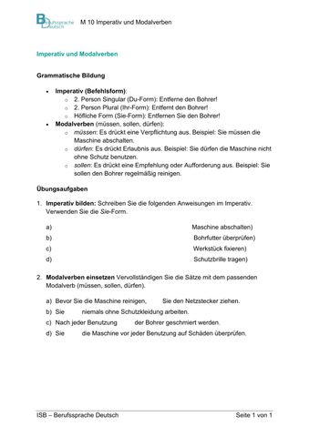 Arbeitsblatt: Wartung, die wirkt: Säulenbohrmaschine | M 10: Integrierte Grammatik: Imperativ und Modalverben