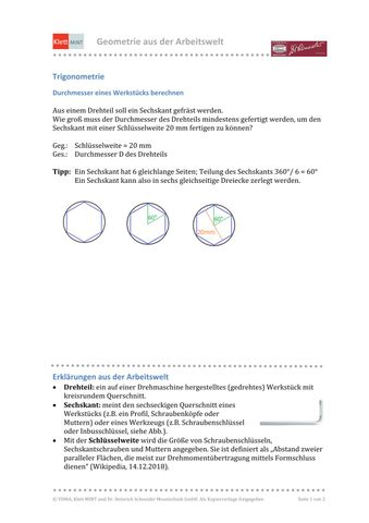 Arbeitsblatt: Trigonometrie | Durchmesser eines Werkstücks berechnen (DOCX)