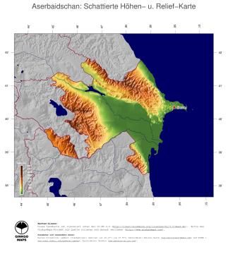 Karte: Landkarte Aserbaidschan (Staatsgrenzen und Hauptstadt): farbkodierte Topographie, schattiertes Relief
