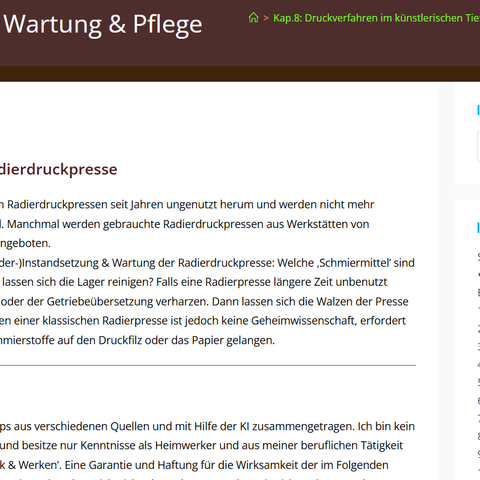 Unterrichtsplanung: Radierdruckpresse: Wartung & Pflege