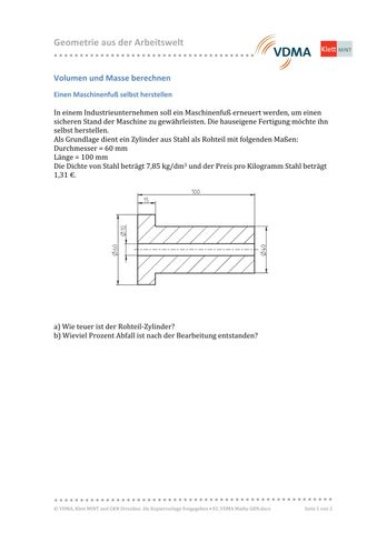 Arbeitsblatt: Volumen und Masse berechnen | Einen Maschinenfuß selbst herstellen (DOCX)