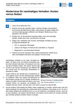 Arbeitsblatt: Modul 12 | Arbeitsblatt 5 "Hindernisse für nachhaltiges Verhalten: Kosten versus Nutzen"