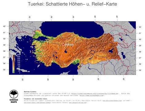 Karte: Landkarte Türkei (Staatsgrenzen und Hauptstadt): farbkodierte Topographie, schattiertes Relief