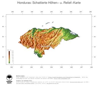 Karte: Landkarte Honduras (Staatsgrenzen und Hauptstadt): farbkodierte Topographie, schattiertes Relief