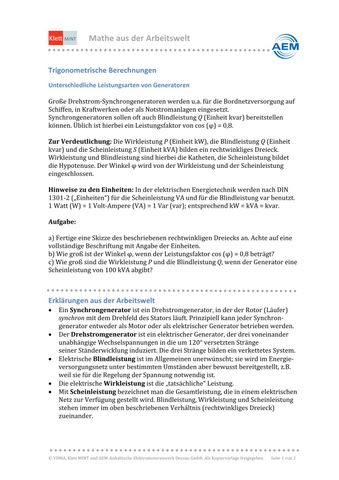Arbeitsblatt: Trigonometrische Berechnungen | Unterschiedliche Leistungsarten von Generatoren (PDF)
