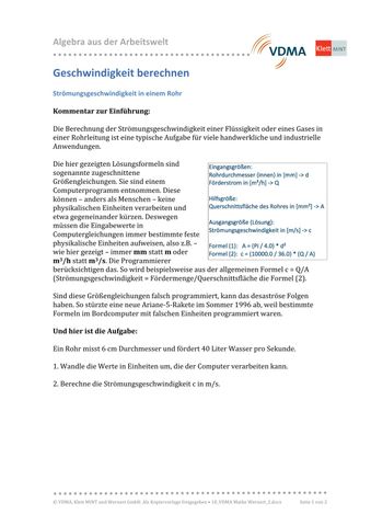 Arbeitsblatt: Geschwindigkeit berechnen | Strömungsgeschwindigkeit in einem Rohr | 2 (DOCX)