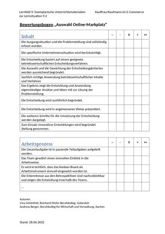 Arbeitsblatt: LS 9.2 Entscheidung für einen neuen Online-Vertriebskanal | Exemplarisches Unterrichtsmaterial Nr. 4: Bewertungsbogen „Auswahl Online-Markplatz“
