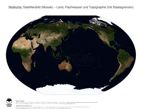 Karte: Weltkarte (Land, Flachwasser und Topographie (mit Staatsgrenzen))