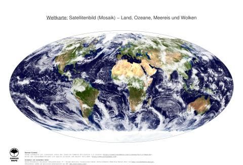 Karte: Weltkarte (Land, Ozeane, Meereis und Wolken)
