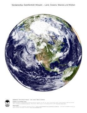 Karte: Landkarte Nordamerika (Land, Ozeane, Meereis und Wolken)