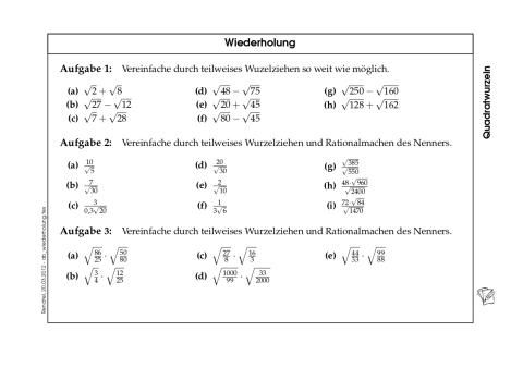 Arbeitsblatt: Wiederholung: Quadratwurzeln (zip)