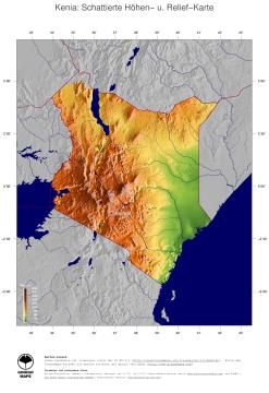 Karte: Landkarte Kenia (Staatsgrenzen und Hauptstadt): farbkodierte Topographie, schattiertes Relief