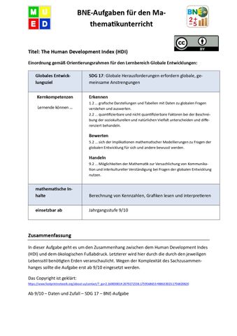 Unterrichtsbaustein: BNE-Aufgaben Mathematik: The Human Development Index (HDI, Klasse 9/10)