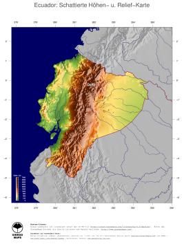 Karte: Landkarte Ecuador (Staatsgrenzen und Hauptstadt): farbkodierte Topographie, schattiertes Relief